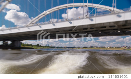 Astana, Kazakhstan. View from Pleasure boat on the river Ishim timelapse hyperlapse drivelapse in Astana. 134631601
