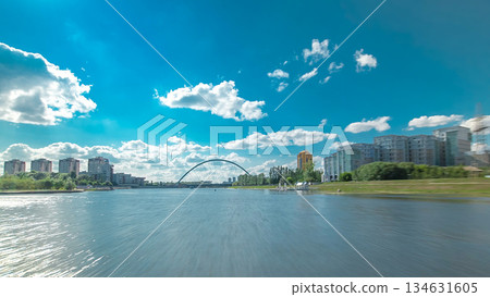 Astana, Kazakhstan. View from Pleasure boat on the river Ishim timelapse hyperlapse drivelapse in Astana. 134631605
