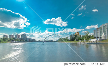 Astana, Kazakhstan. View from Pleasure boat on the river Ishim timelapse hyperlapse drivelapse in Astana. 134631606