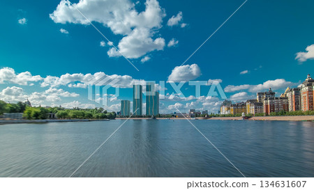 Astana, Kazakhstan. View from Pleasure boat on the river Ishim timelapse hyperlapse drivelapse in Astana. 134631607