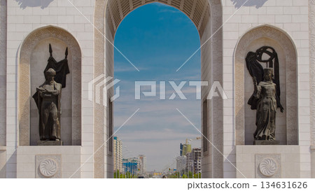 Triumphal arch timelapse and the central part of the city in Astana, Kazakhstan. 134631626