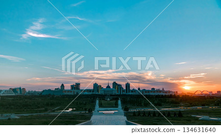 Panorama with sunset of the Astana city timelapse and the president's residence Akorda with park Panorama with sunset of the Astana city timelapse and the president's residence Akorda with park 134631640
