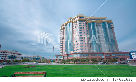 Modern buildings in city Atyrau timelapse hyperlapse. Modern buildings in city Atyrau timelapse hyperlapse. 134631653