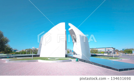 Stela with portraits of Mangistau heroes of the Great Patriotic War at the Eternal Flame timelapse hyperlapse 134631698