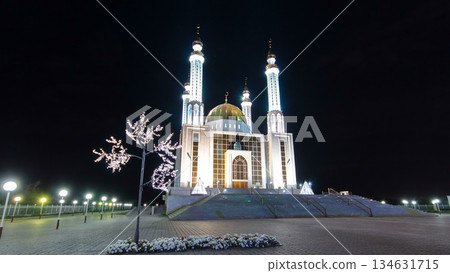 Mosque Nur Gasyr in the city of Aktobe night timelapse hyperlapse. Kazakhstan 134631715
