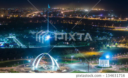 Park named after the First President of the Republic of Kazakhstan in the city of Aktobe night timelapse. Western Kazakhstan. 134631716