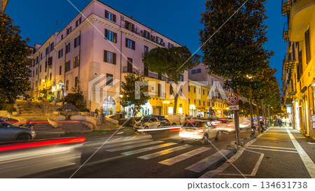 Typical medieval narrow street in beautiful town of Albano Laziale night timelapse, Italy 134631738