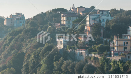 Panoramic view of Albano Lake coast at sunrise timelapse, Rome Province, Latium, central Italy 134631743