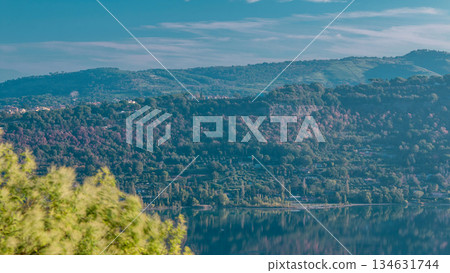Panoramic view of Albano Lake coast at sunrise timelapse, Rome Province, Latium, central Italy 134631744