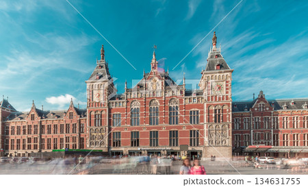 Hyperlapse of Amsterdam Central Railway Station front view. Amsterdam, The Netherlands 134631755