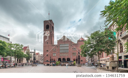Hyperlapse of Beursplein with the historic Beurs van Berlage building, a former commodity exchange timelapse. Amsterdam, Netherlands 134631759