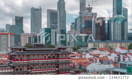 The Buddha Tooth Relic Temple in Singapore Chinatown aerial timelapse, with the city skyline in the background. 134631772