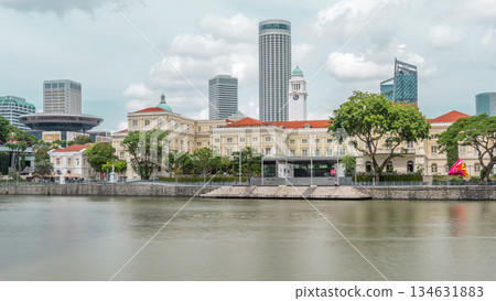 View of Singapore River with Asian Civilisation Museum and old civic district in background timelapse hyperlapse 134631883