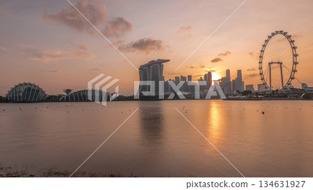 Sunset over the downtown skyline of Singapore as viewed from across the water from The Garden East timelapse. Singapore. Sunset over the downtown skyline of Singapore as viewed from across the water from The Garden East timelapse. Singapore. 134631927