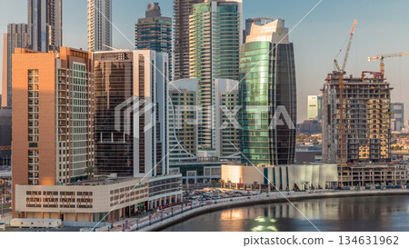 Skyscrapers at sunny day in Dubai with blue sky aerial timelapse 134631962