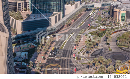 View of intersection with many transports in traffic Timelapse Aerial 134632051