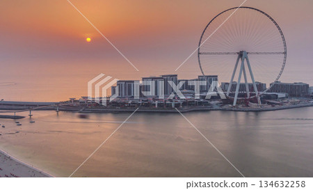 Sunset over Bluewaters Island in Dubai aerial timelapse. Sunset over Bluewaters Island in Dubai aerial timelapse. 134632258