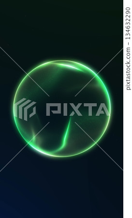 Abstract green glowing digital orb with soft plasma dispersion. Futuristic vertical background for technology design, sci fi visuals, modern interfaces and digital compositions. 134632290