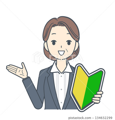 Illustration of a middle-aged businesswoman showing a beginner's mark and talking, upper body 134632299