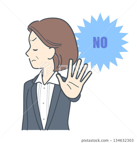 插圖描繪了一位中年女商人伸出手掌拒絕的場景，圖中僅展示了她的上半身。 134632303