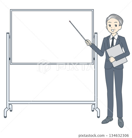 圖:一位中年商人站在白板前,手持指示棒 圖:一位中年商人站在白板前,手持指示棒 134632306