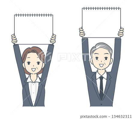 一位商人和一位女商人手持提示卡,上半身的插圖 一位商人和一位女商人手持提示卡,上半身的插圖 134632311