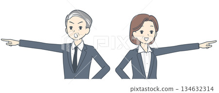 Illustration of a middle-aged businessman and businesswoman pointing straight ahead, upper body Illustration of a middle-aged businessman and businesswoman pointing straight ahead, upper body 134632314