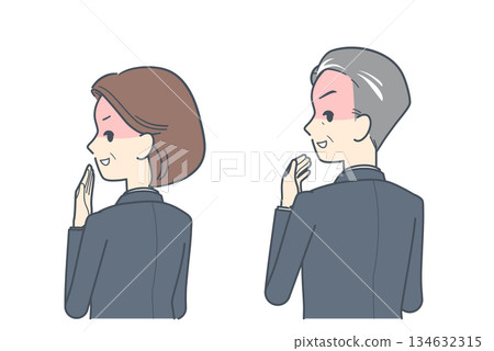 Illustration of a middle-aged businessman and businesswoman laughing while turning around 134632315
