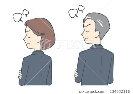 一幅憤怒的中年商人和女商人側身看向別處的插圖,僅展現了他們的上半身。 一幅憤怒的中年商人和女商人側身看向別處的插圖,僅展現了他們的上半身。 134632316