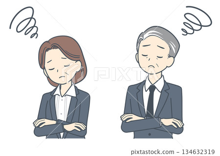 插圖描繪了一對中年商人和女商人,他們雙臂交叉在胸前,陷入沉思。 插圖描繪了一對中年商人和女商人,他們雙臂交叉在胸前,陷入沉思。 134632319