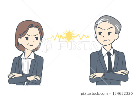 一幅插圖描繪了一位中年商人和一位中年女商人互相怒目而視的場景。 一幅插圖描繪了一位中年商人和一位中年女商人互相怒目而視的場景。 134632320