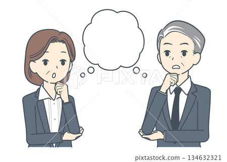 Illustration of a middle-aged businessman with a speech bubble and his hand on his chin, thinking deeply, upper body 134632321