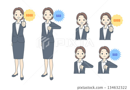 一組插圖，描繪了一位中年女商人豎起大拇指和豎起大拇指向下的動作。 134632322