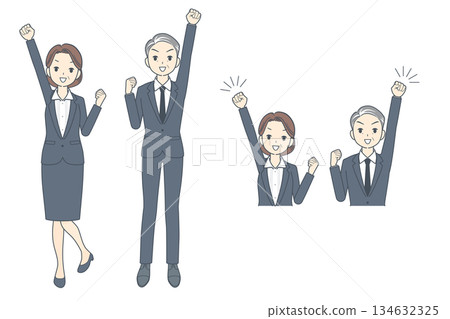 Illustration set of a middle-aged business person raising his fist, whole body, upper body Illustration set of a middle-aged business person raising his fist, whole body, upper body 134632325