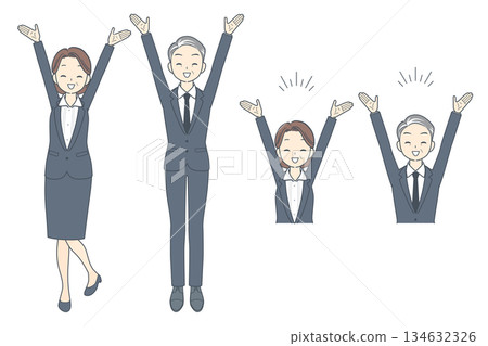 Illustration set of middle-aged businessmen and businesswomen rejoicing with their hands raised, whole body, upper body 134632326