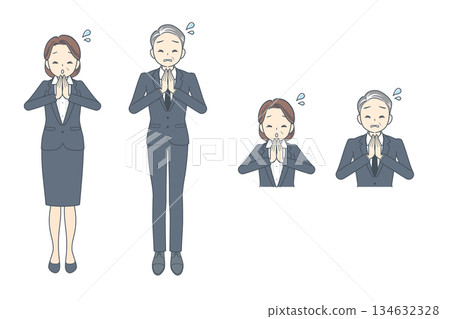 一位中年商人和一位中年女商人一起舉手道歉的插圖 134632328
