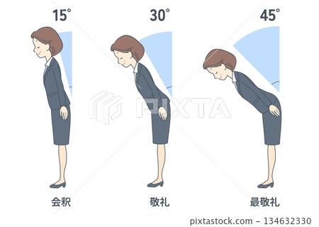 一組鞠躬角度的插圖:中年女商人 一組鞠躬角度的插圖:中年女商人 134632330