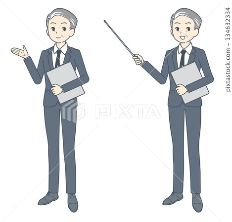 Two illustrations of middle-aged businessmen talking with clipboards Two illustrations of middle-aged businessmen talking with clipboards 134632334