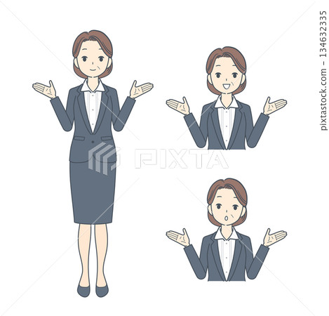 一組插圖，描繪了一位雙手舉起的中年女商人。 134632335