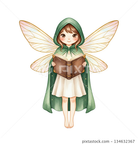 Cute Watercolor Fairy Girl in Green Hooded Cloak Reading Book 134632367