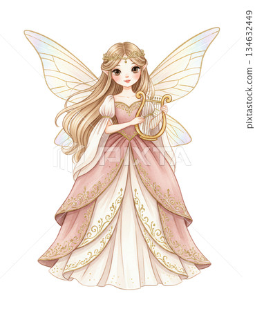 Cute Watercolor Fairy Girl Playing Golden Lyre Harp 134632449