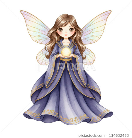 Cute Watercolor Fairy Girl in Purple Dress Holding Glowing Orb 134632453