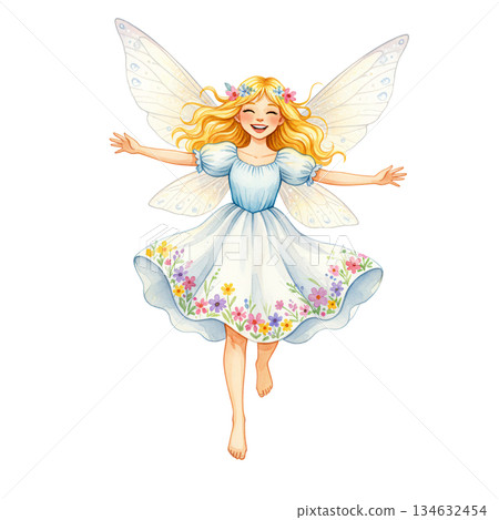Happy Watercolor Fairy Girl in Blue Floral Dress Flying 134632454
