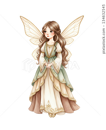 Cute Watercolor Fairy Girl with Brown Hair and Green Dress 134632545
