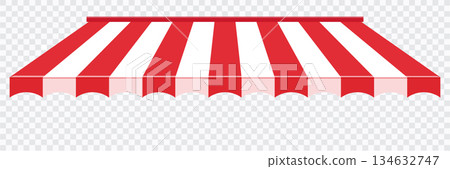 Awning tent canopy striped roof, sunshade. Cafe, shop or restaurant front view curtain. Rain protection awning for franchise stores Awning tent canopy striped roof, sunshade. Cafe, shop or restaurant front view curtain. Rain protection awning for franchise stores 134632747