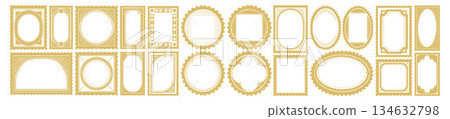 Vintage postage frame set, vector mail stamps, antique decoration abstract geometric postal border. Vintage postage frame set, vector mail stamps, antique decoration abstract geometric postal border. 134632798