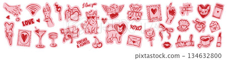Love doodle sticker set, Valentine day cute hand drawn whimsical illustration, pink romantic print. Love doodle sticker set, Valentine day cute hand drawn whimsical illustration, pink romantic print. 134632800