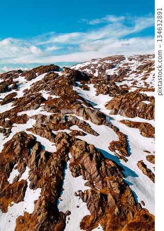 Peaks of the mountains, covered with melting snow. Nature park in Sauda municipality. Beautiful nature of Norway. Vertical banner Peaks of the mountains, covered with melting snow. Nature park in Sauda municipality. Beautiful nature of Norway. Vertical banner 134632891