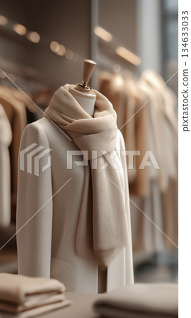 展示冬季服裝,搭配米色調的高品質圍巾 展示冬季服裝,搭配米色調的高品質圍巾 134633033