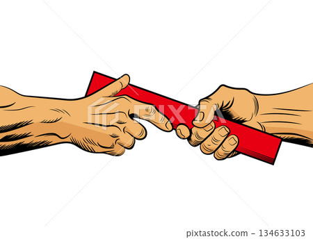 Comic-style illustration of a hand passing a relay baton | Symbol of teamwork, cooperation, succession, and sports 134633103